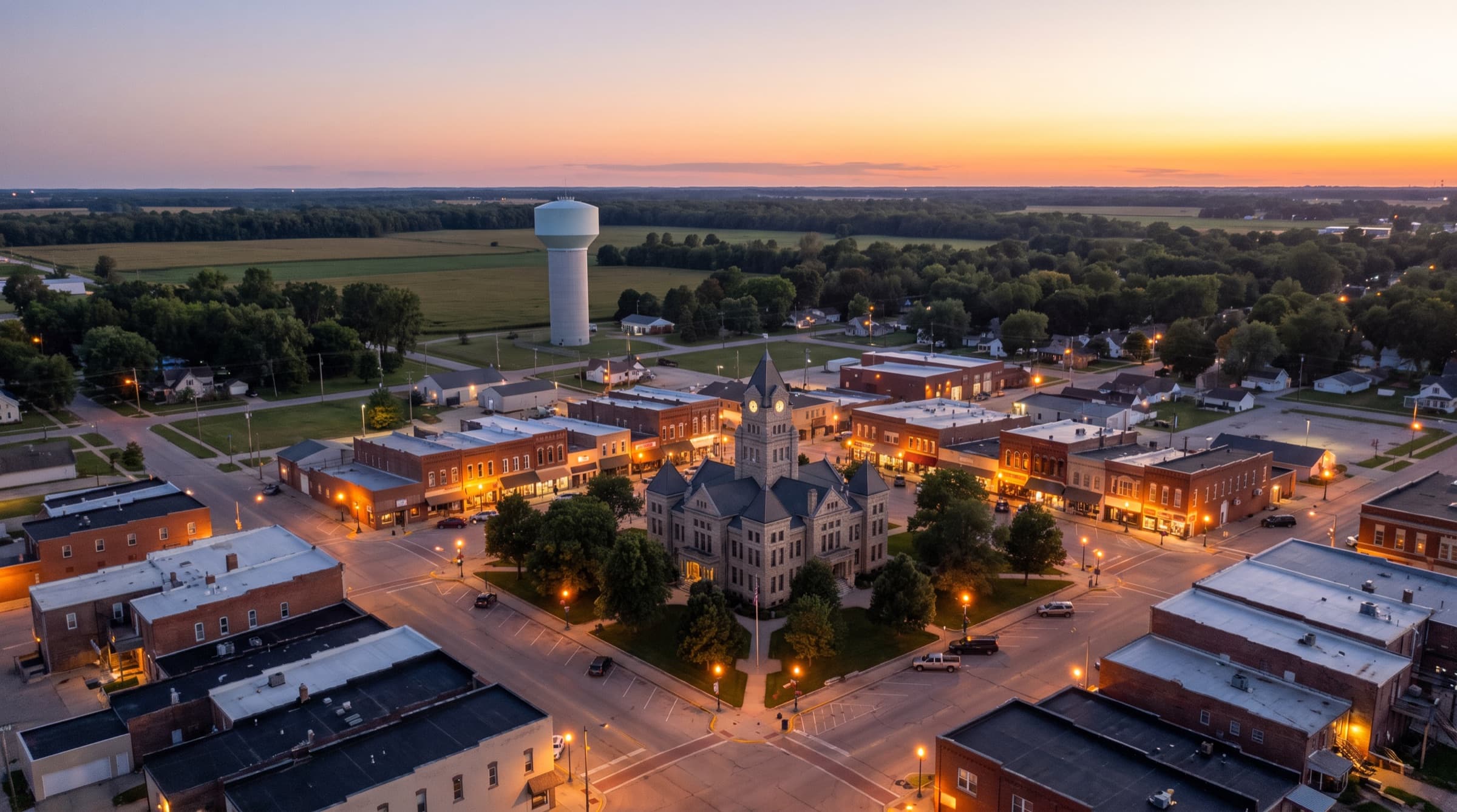 A small heartland town from the air at dusk: a brick downtown around the courthouse square, houses under the trees, fields beyond