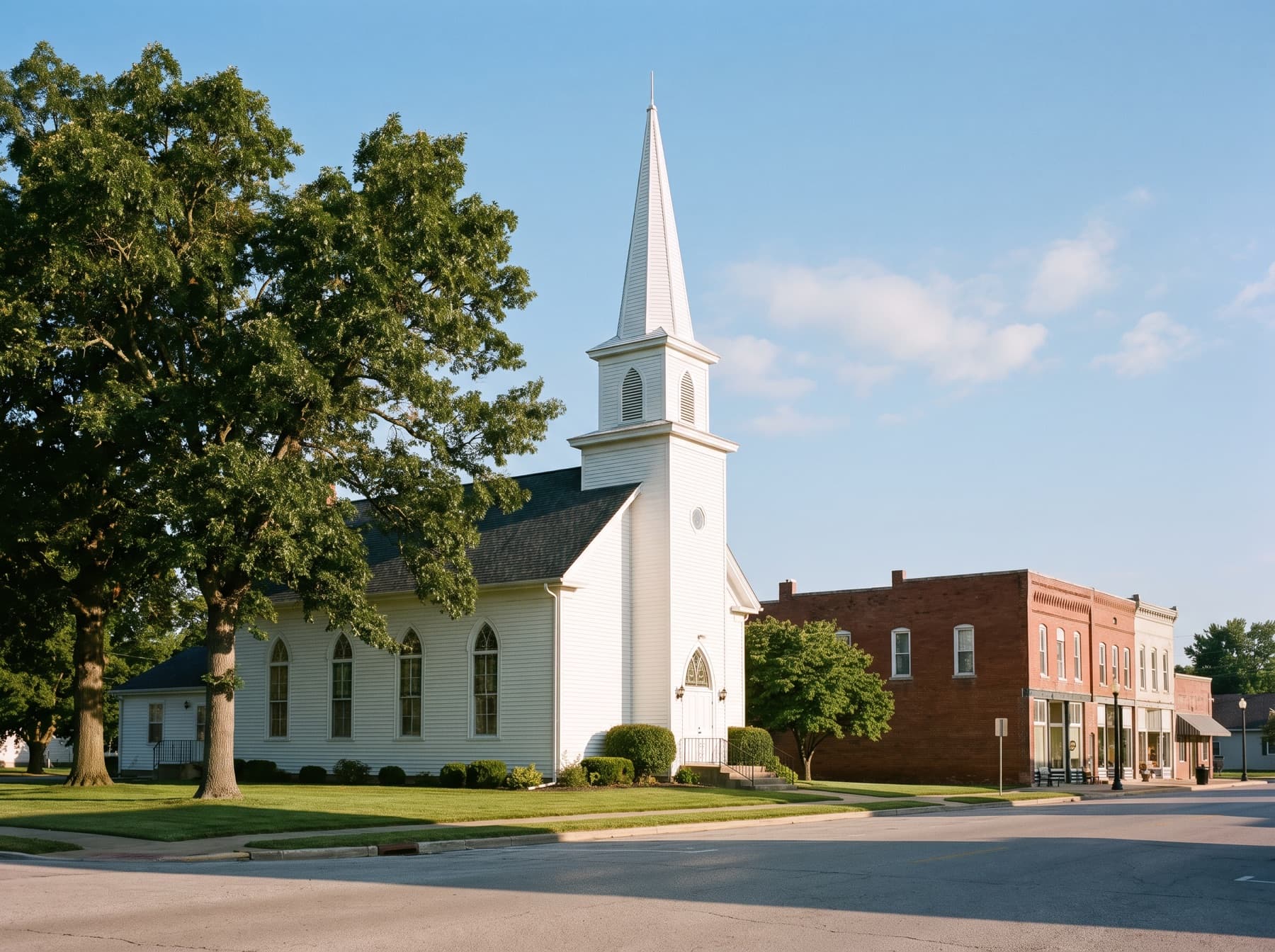 A white clapboard church with a tall steeple at the corner of a small town's brick main street on a summer morning