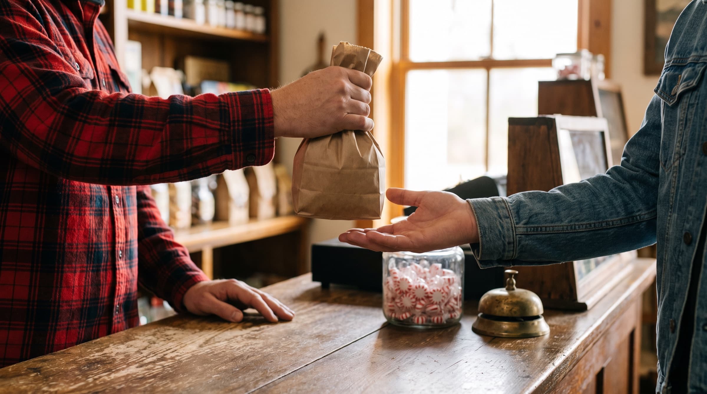 Across a general store counter, one man hands a paper sack into another man's open hand, a jar of peppermints and a brass bell beside them