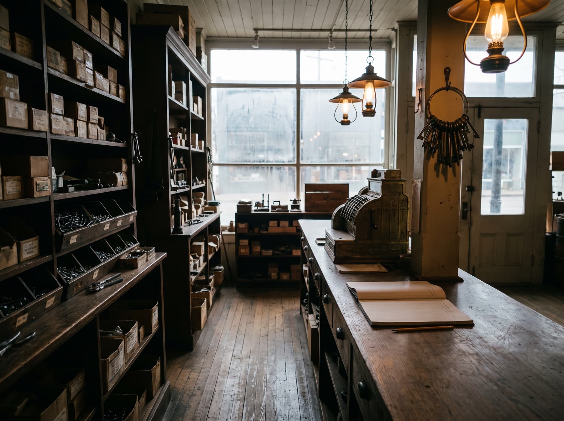 Inside an old family hardware store before opening: wooden shelves and drawers, a brass register, a ledger open on the counter