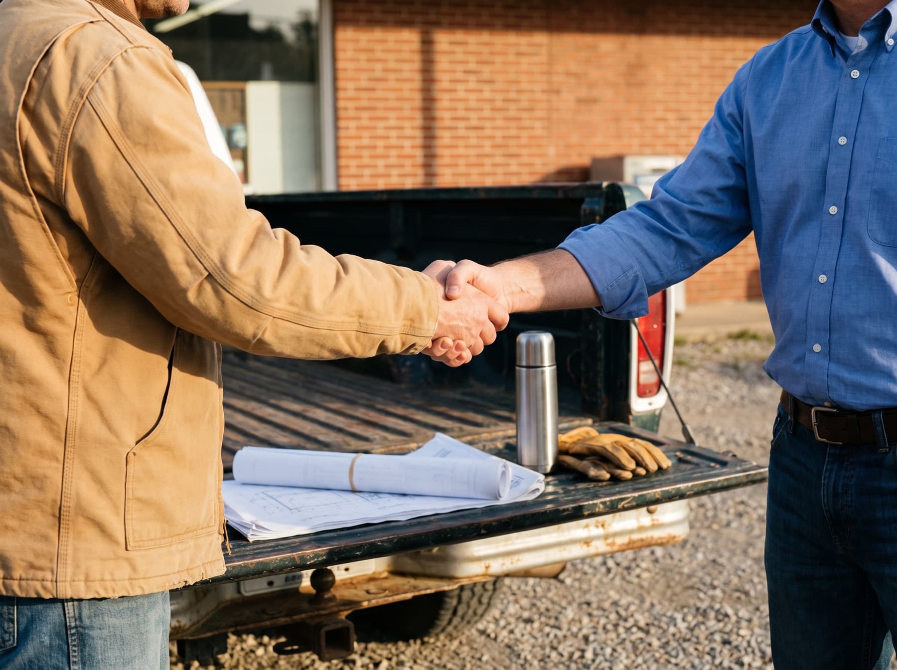 Two men shake hands over the tailgate of a work truck, rolled plans and gloves on the gate