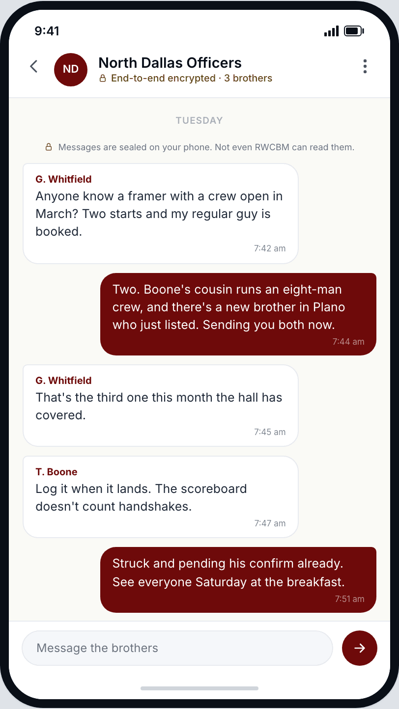 An end-to-end encrypted group chat between borough officers in the RWCBM app