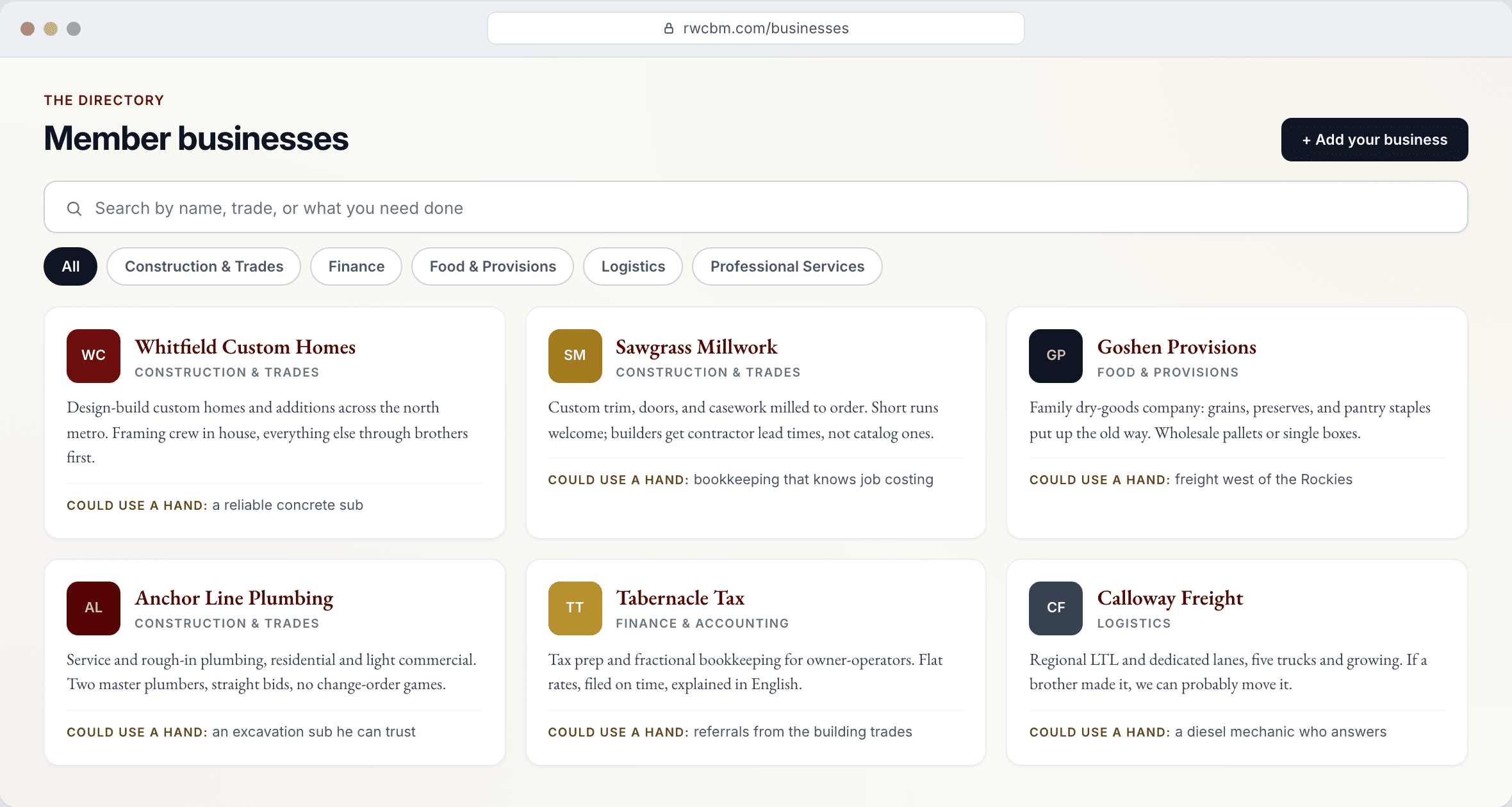 The RWCBM directory: member businesses searchable by category and by what each owner needs