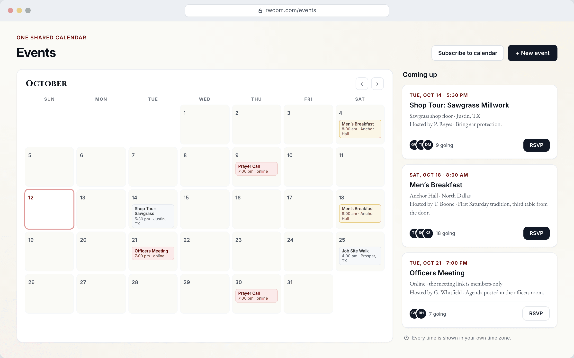 The RWCBM events calendar: gatherings on the month grid with names, times, and places, and detailed RSVP cards for what is coming up